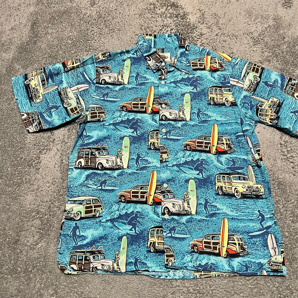 Reyn Spooner Shirt Mens Medium ablue Surfboard Classic Car Button